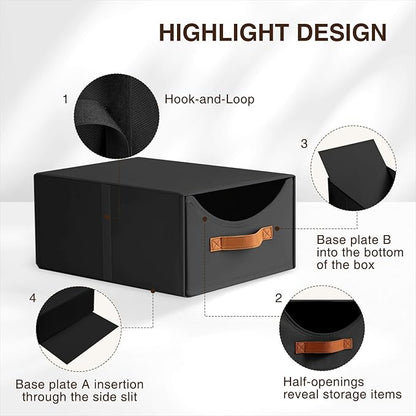 Stackable Storage Drawers - Collapsible Storage Bins with Drawers, 4 Pack Closet Shelf Organizer Basket, Fabric Pull Out Organizer for Bedroom, Living Room, Dorm, Black
