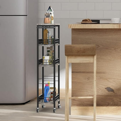 4 Tier Slim Storage Cart Narrow Laundry Cart on Wheels Utility Kitchen Rolling Cart with Wood Tabletop Mobile Shelving Unit Bathroom Storage Organizer Slide Out Rolling Tower for Narrow Spaces