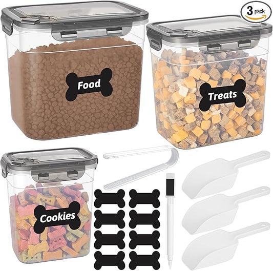 ZooZoo 3PCS Transparent Dog Treat Container Set with Airtight Lids, BPA-Free Plastic Storage Bins for Pet Food & Treats, Stackable Large Medium Small Sizes, Includes Scoops, Labels, Tongs and Marker