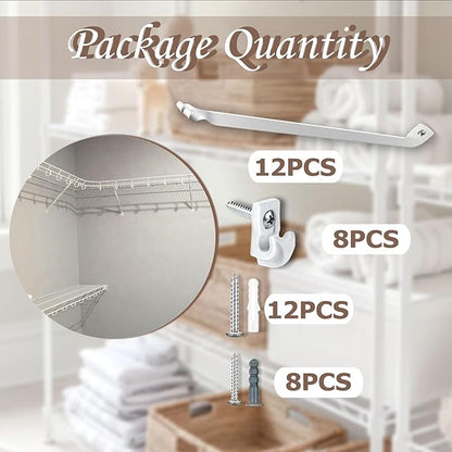 12PCS 12 Inch Wire Shelf Brackets, Heavy Duty Wire Shelving Support Brackets, Closet Rack Support with 8PCS Wire Shelf Clips, Closet Wire Shelf Support Brackets for Laundry, Closet, Garage