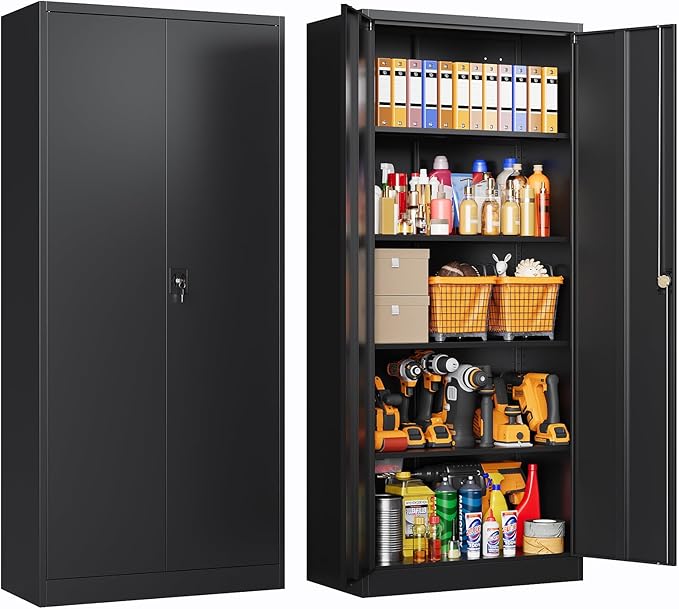 Metal Storage Cabinet with Locking Doors, Tall Cabinets for Home, Office, Warehouse Organizer (Black)