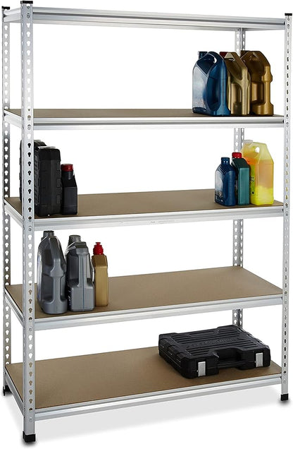 Amazon Basics 5-Tier Medium Duty Storage Shelving, Garage Storage Rack, Double Post Press Board Shelf, Adjustable, Easy Assembly, Space-Saving, Aluminum, 48" x 18" x 72"