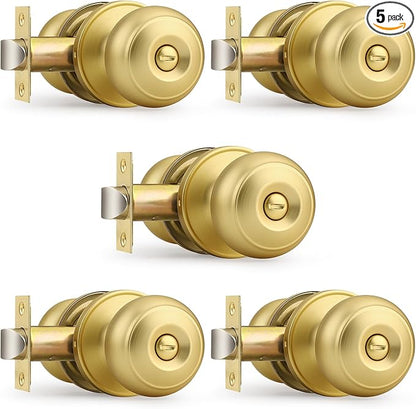 Probrico Brushed Brass Bed/Bath Knobs Keyless Privacy Interior Doors Locksets, Gold Door Knobs 5 Pack