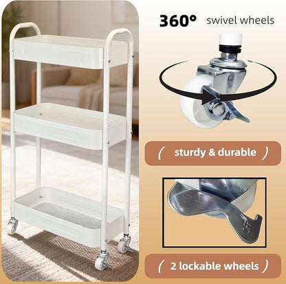 3 Tier Narrow Rolling Storage Cart for Laundry Room Bathroom Kitchen, 7.1'' Slim Utility Cart with Wheels and Lockable Casters Standing Shelf for Small Space & Between Washer and Dryer, White