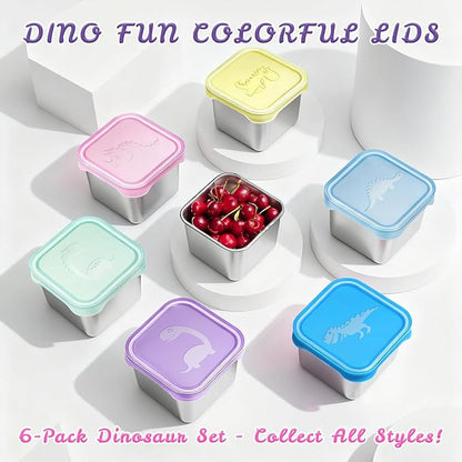 6-Pack Small (6 oz) Stainless Steel Snack Containers for Kids, Easy-Open Toddler Snack Containers with Lids - Cute Dinosaur Small Stackable Metal Lunch Box for Daycare, School, Travel