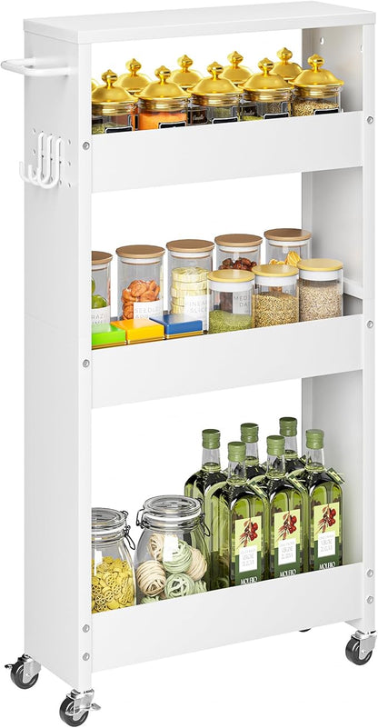 Slim Storage Cart, 4 Tier Rolling Kitchen Cart on Wheels for Small Space, Narrow Laundry Bathroom Organizers Mobile Shelving Unit Metal Utility Cart with Handle, 5.9in Width, White