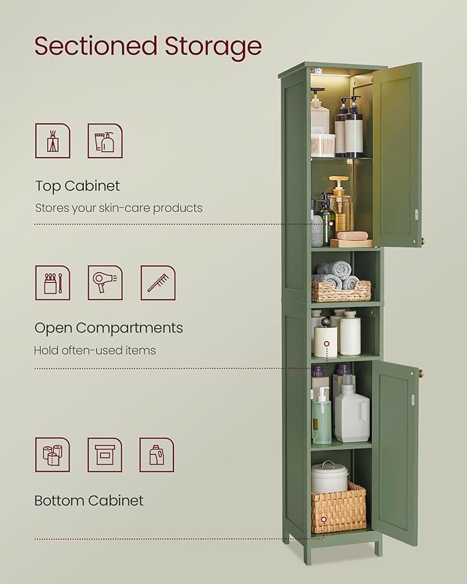 VASAGLE Tall Bathroom Cabinet with Lights, Slim Freestanding Bathroom Storage Cabinet with Adjustable Shelves, for Small Spaces, Modern, 15.7 Inches Wide, Forest Green UBBC766C01