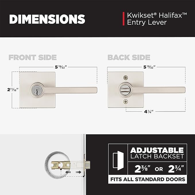 Kwikset Halifax Entry Door Handle with Lock and Key, Secure Keyed Reversible Lever Exterior, For Front Entrance and Bedrooms, Satin Nickel, Pick Resistant Smartkey Rekey Security and Microban