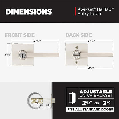 Kwikset Halifax Entry Door Handle with Lock and Key, Secure Keyed Reversible Lever Exterior, For Front Entrance and Bedrooms, Satin Nickel, Pick Resistant Smartkey Rekey Security and Microban