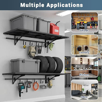 Zonon 2 Pack 1.67 x 4 ft Heavy Duty Garage Wall Shelving with 12 Hooks, 700 Lbs Load Capacity, Wall-mounted Garage Storage Shelving and Organization for Sheds, Closets, or Utility Rooms