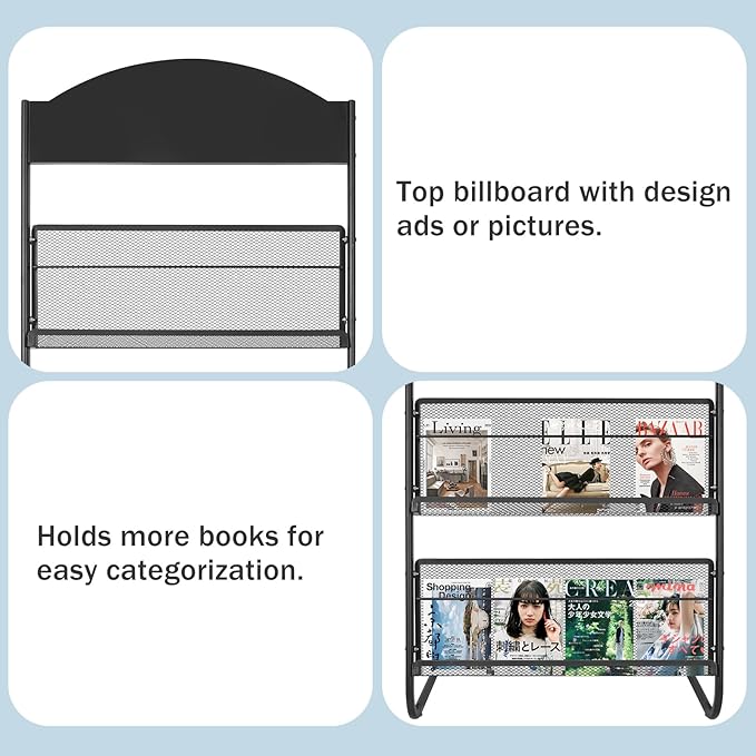 4-Tier Magazine Display Rack, 24.8" Wide Iron Brochure & Newspaper Stand