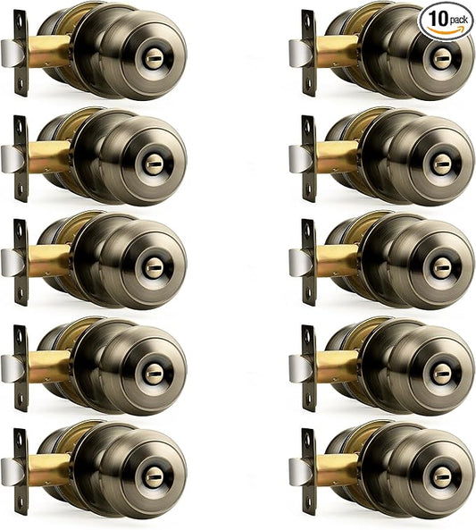 Probrico Bed/Bath Keyless Privacy Interior Door Knobs, Antique Brass Door Knobs 10 Pack