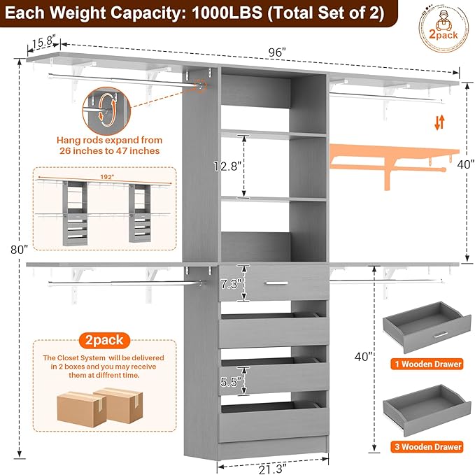 Aheaplus Closet System with Drawers Set of 2, Wood Closet Organizer System with 8 Hanging Rods & Top Shelves, Walk-in Closets Organizer Wardrobe Clothes Rack System, Cut Fits Spaces 4-9FT. Wide, Grey1