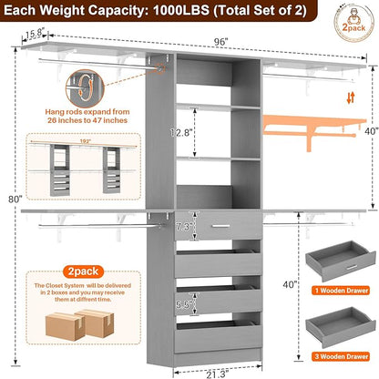 Aheaplus Closet System with Drawers Set of 2, Wood Closet Organizer System with 8 Hanging Rods & Top Shelves, Walk-in Closets Organizer Wardrobe Clothes Rack System, Cut Fits Spaces 4-9FT. Wide, Grey1