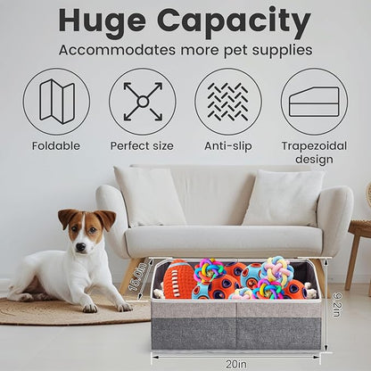 Large Dog Toy Basket With Handle, Foldable Dog Toy Box for Living Room Area, 20" Basket for Dog's Toys, Clothes, Organizers and Storage with Hard Board, Anti-slip for Pet Toys (Gray, Medium)