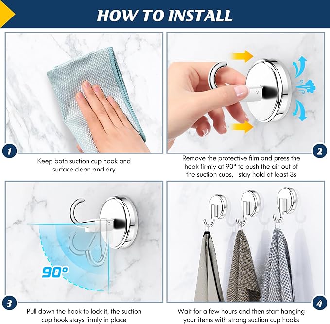 Suction Cup Hooks for Shower, Shower Hooks Mounting on Glass Doors, Tile, Mirrors, Metals,Hook for Hanging Towels, Robe, Loofah, Jackets-Chrome(4 Pack)