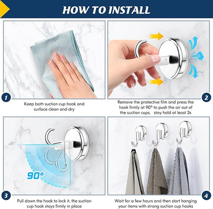 Suction Cup Hooks for Shower, Shower Hooks Mounting on Glass Doors, Tile, Mirrors, Metals,Hook for Hanging Towels, Robe, Loofah, Jackets-Chrome(4 Pack)