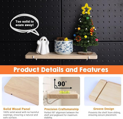 Solid Wood Pegboard Shelf, Pegboard Shelves with Pegboard Hooks, Pegboard Accessories for Craft Room, Garage, Gaming Room, 4 Pack