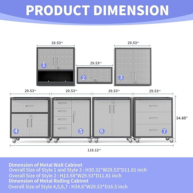Garage Storage Cabinet System 4pcs Heavy Duty Workshop Set Lockable Rolling Tool Cabinets with Adjustable Shelves Metal Garage Storage Cabinets