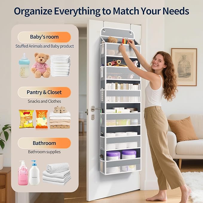 Yecaye Over Door Organizer, 60 lbs Load Capacity, Metal Hanging Storage with 6 Shelves for Toys, Bathroom, Nursery, Dorm Room, Grey