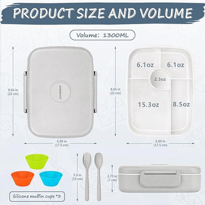 Bento Box Adult Lunch Box, Kid Lunch Box Contaiers for 5 Compartmets, Lunch Containers with 3 Silicone Baking Cups, Leakproof, Dishwasher and Microwave Safe, BPA-Free (Grey)