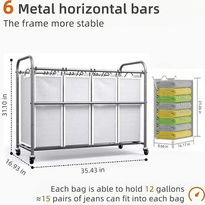 ROMOON Laundry Hamper Sorter Cart: 4-Section Organizer with Heavy-Duty Lockable Wheels and Removable Bags | 172L Rolling Laundry Basket for Dirty Clothes in Laundry Room or Small Spaces (Gray)