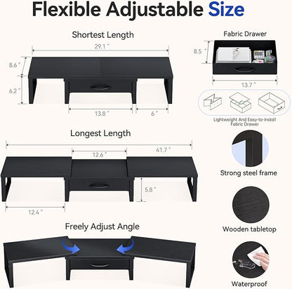 Dual Monitor Stand Riser, Desk Organizers and Accessories with Drawer, Computer Monitor Stands for Desk, Adjustable Desktop Shelf for PC Laptop Printer TV, Black