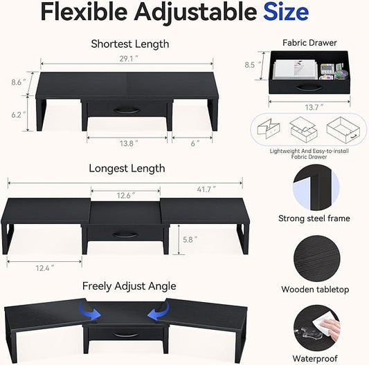 Dual Monitor Stand Riser, Desk Organizers and Accessories with Drawer, Computer Monitor Stands for Desk, Adjustable Desktop Shelf for PC Laptop Printer TV, Black