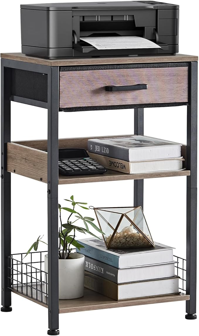 Lerliuo Grey Printer Stand with Fabric Drawer, 3 Tier Industrial Side Table, Modern Small Printer Desk Holder with Storage Shelf,Multi-Functional Bedside Tables for Home Office Fax Machine Scanner