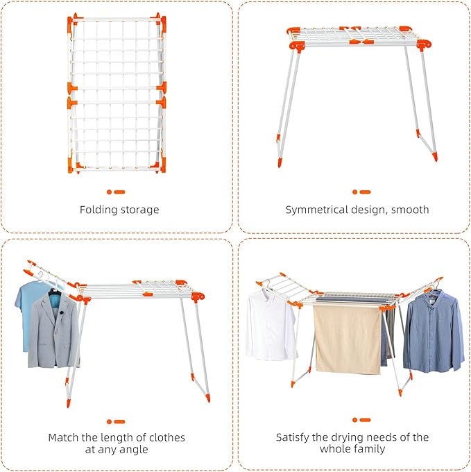 Clothes Drying Rack, Gullwing Laundry Rack, Collapsible, Space-Saving Laundry Rack, with Bonus Sock Clips, for Clothes, Towels, Linens, Indoor/Outdoor, Orange