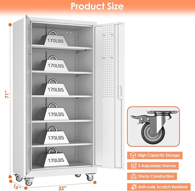 Aobabo Metal Storage Cabinet with Wheels,Heavy Duty Office Storage Cabinet with Lock,Steel Cabinet with 2 Doors and 5 Adjustable Shelves for Office Home School Storage,Required-Assembly White
