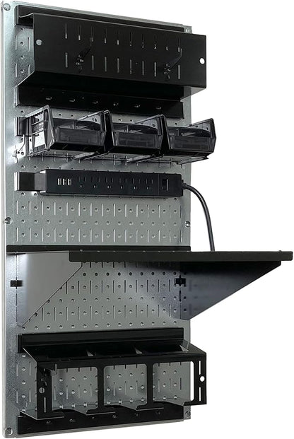 Wall Control Power Tool Storage Organizer Kit Cordless Drill Holder Charging Station Rack 16” x 32” Metal Pegboard Organization System (Metallic Pegboard)