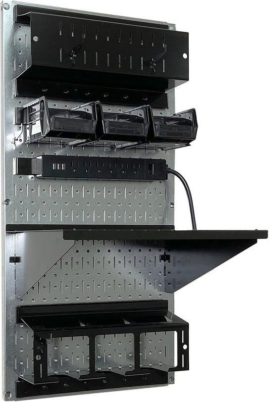 Wall Control Power Tool Storage Organizer Kit Cordless Drill Holder Charging Station Rack 16” x 32” Metal Pegboard Organization System (Metallic Pegboard)
