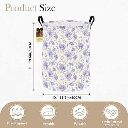 HUNRUNG Laundry Hamper,Large Canvas Fabric Lightweight Storage Basket Toy Organizer Dirty Clothes Collapsible Waterproof for College Dorms（Round-Purple Flowers）