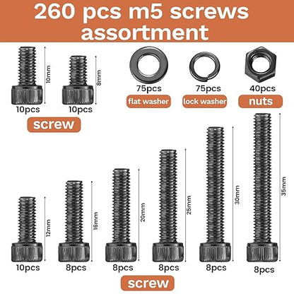260 Pcs M5 Screws Assortment Kit, M5x 8/10/12/16/20/25/30/35mm M5 Bolts Kit 12.9 Alloy Steel Nuts and Bolts Assortment Kit Black Zinc Plated Hex Socket Head Screws Nuts Bolts and Washers Set
