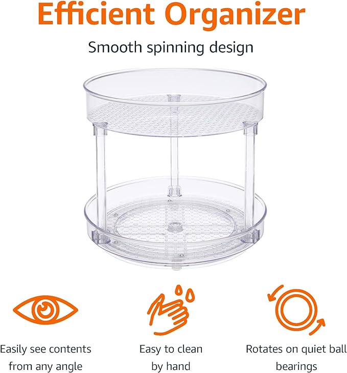 Amazon Basics Lazy Susan Turntable Organizer,9" Diameter,2 Tier,Clear,(Pack of 8)