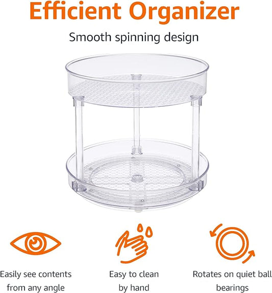 Amazon Basics Lazy Susan Turntable Organizer,9" Diameter,2 Tier,Clear,(Pack of 8)