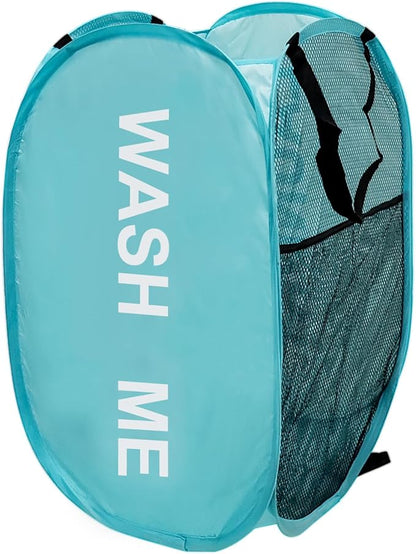 Mesh Pop Up Laundry Hamper with Handles, Collapsible Laundry Basket Side Pocket Dirty Clothes Hamper (Sky Blue)