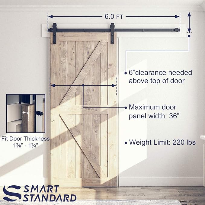 SMARTSTANDARD 6 Feet Heavy Duty Sturdy Sliding Barn Door Hardware Kit-Smoothly and Quietly-includes Detailed Installation Fit 36" Wide Doorpanel (J Shape Hanger) Black