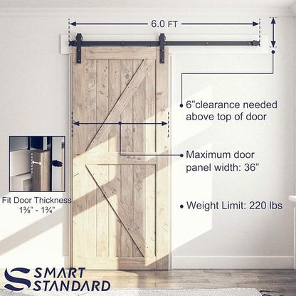 SMARTSTANDARD 6 Feet Heavy Duty Sturdy Sliding Barn Door Hardware Kit-Smoothly and Quietly-includes Detailed Installation Fit 36" Wide Doorpanel (J Shape Hanger) Black
