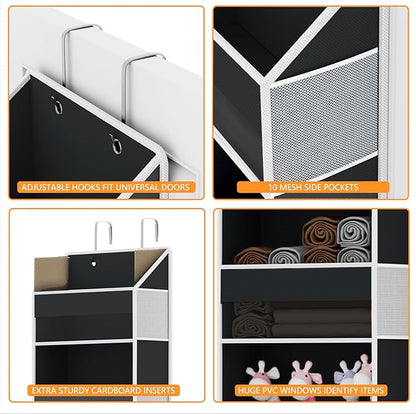 Over Door Organizer - Over The Door Storage Organizer with 5 Large Pockets & 10 Mesh Side Compartments - Heavy-Duty Hanging Storage for Bathroom, Bedroom & Nursery - Room Organizer Solution - Black
