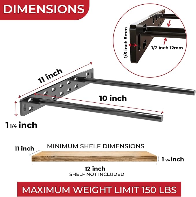 Set of 2 Floating Shelf Brackets 11 inch Multiple Mounting Location Baseplate/Heavy Duty Black Painted Mild Steel Bracket Hidden Wall Shelves Support Hardware Mount Kitchen/Nursery Decor(10 inch Rods)