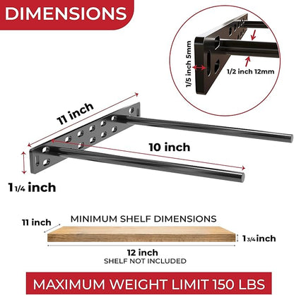 Set of 2 Floating Shelf Brackets 11 inch Multiple Mounting Location Baseplate/Heavy Duty Black Painted Mild Steel Bracket Hidden Wall Shelves Support Hardware Mount Kitchen/Nursery Decor(10 inch Rods)