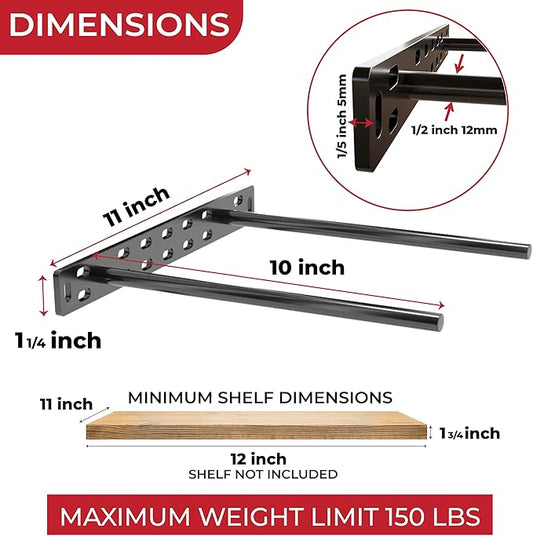 Set of 2 Floating Shelf Brackets 11 inch Multiple Mounting Location Baseplate/Heavy Duty Black Painted Mild Steel Bracket Hidden Wall Shelves Support Hardware Mount Kitchen/Nursery Decor(10 inch Rods)