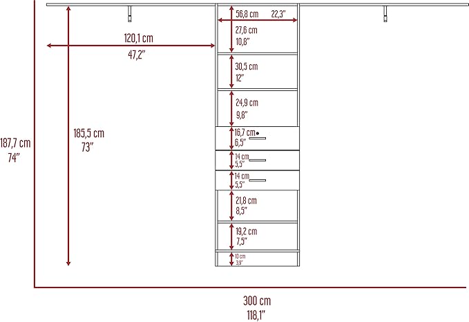 DEPOT E-SHOP Zamora 69"W - 118"W Closet System with Four Hanging Rods, Three Drawers, and Five Shelves, Dark Walnut, Bedroom