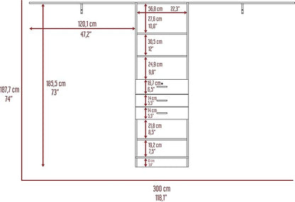 DEPOT E-SHOP Zamora 69"W - 118"W Closet System with Four Hanging Rods, Three Drawers, and Five Shelves, Dark Walnut, Bedroom