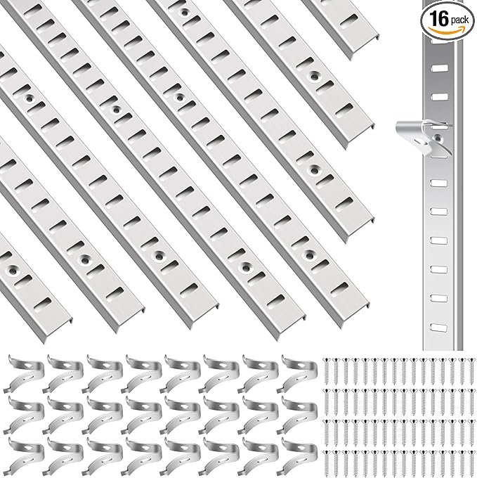 16 Pcs 40 Inch Shelf Pilaster Tracks and 48 Pcs Shelf Clips Adjustable Metal Rail Mortise Mount Pilaster Strip Standard for Bookcases Cabinet Closet Shelving System (16, Silver)