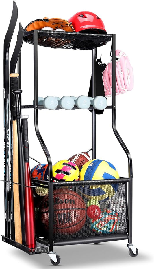 Sports Equipment Garage Organizer - Rolling Ball Storage with wheels, 3-Tier Sports gear Storage Rack Indoor & Outdoor Balls Cart with Hooks for Home, Garage (Black)