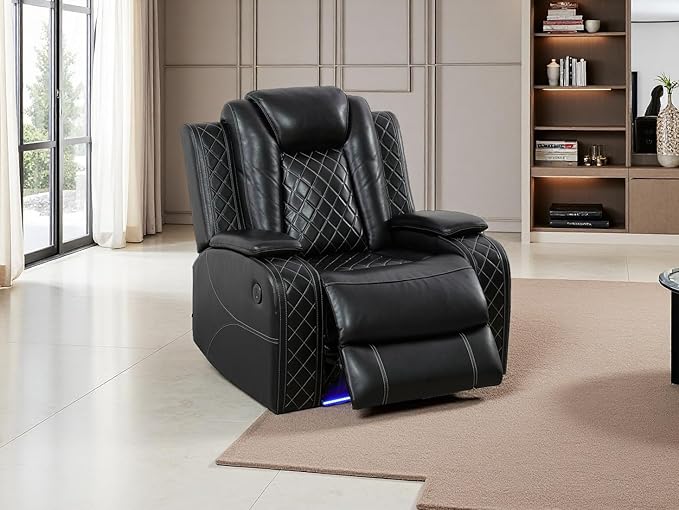 Living Room Furniture Sets, Black Air Leather Power Recliner Sofa Set with USB Port, Breathing Leather Power Reclining Sofa Set with Storage Console/LED Light for Living Room, Home Theater