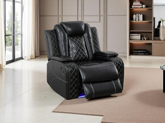 Living Room Furniture Sets, Black Air Leather Power Recliner Sofa Set with USB Port, Breathing Leather Power Reclining Sofa Set with Storage Console/LED Light for Living Room, Home Theater